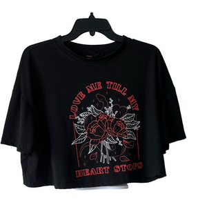 ROMWE Black Crop Top with Red & White Floral Graphic